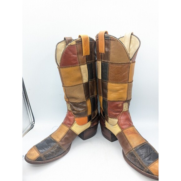 Rare Vtg 70s Larry Mahan Patchwork Leather Cowboy Boots Men 7.5 D / Women 9.5 main image 4